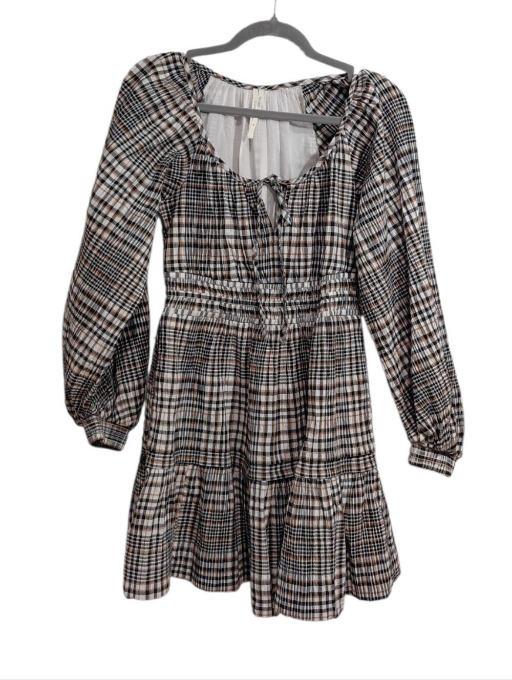 Anthropologie Black & Cream Plaid Tiered Long-Sleeve Mini Dress